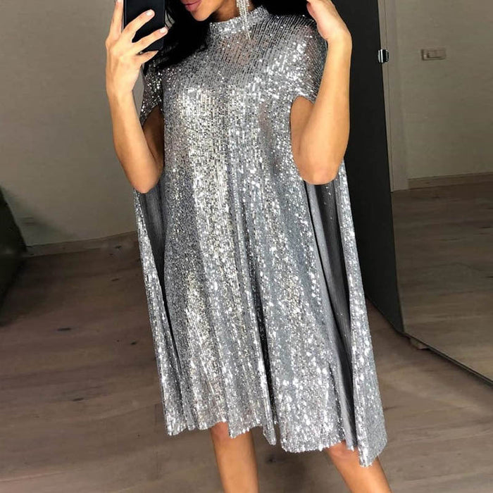 Damen Pailletten-Kleid mit Cape-Ärmeln