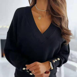 Damen V-Ausschnitt Pullover mit Knopfdetails an den Ärmeln