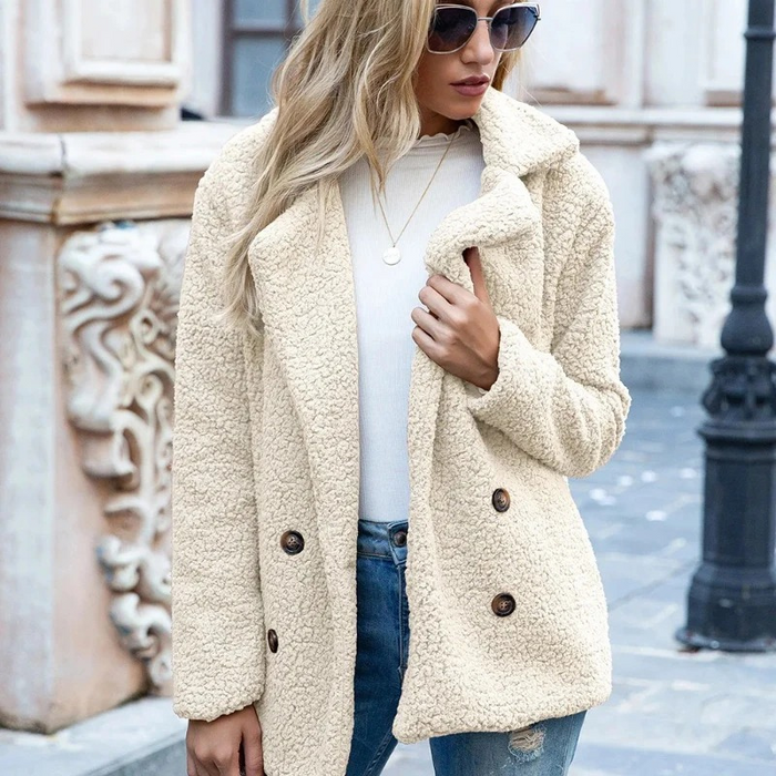 Damen Teddy-Jacke mit Reverskragen und Doppelknöpfen