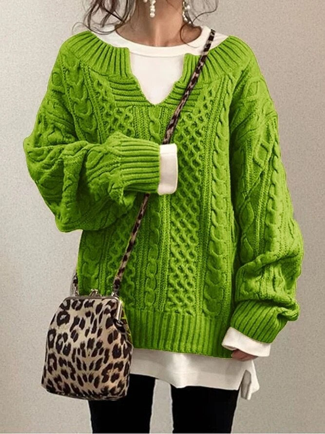 Damen Oversized Zopfmuster Pullover mit V-Ausschnitt