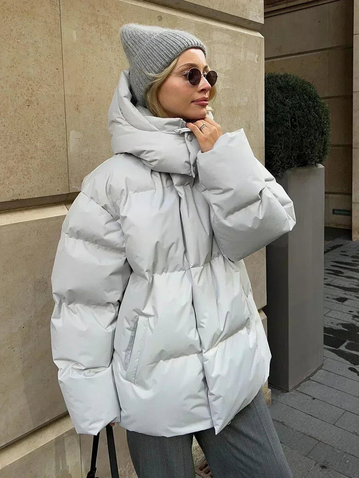 Damen Oversized Puffer Jacke mit Kapuze und Reißverschluss