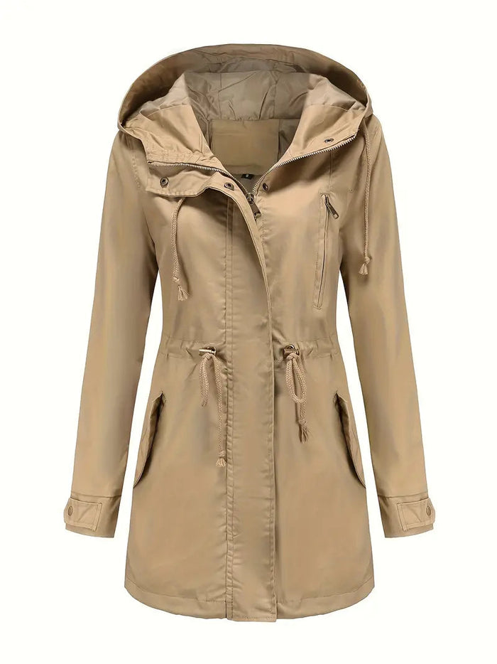 Damen Wasserdichte Parka-Jacke mit Kapuze und Tunnelzug