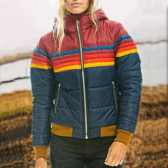Damen Colorblock Steppjacke mit Kapuze Retro-Streifen