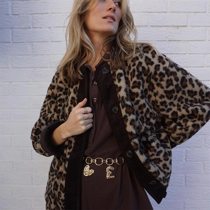 Damen Leoparden Jacke mit Rundhals und Knopfleiste