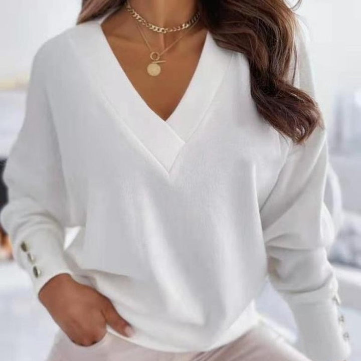 Damen V-Ausschnitt Pullover mit Knopfdetails an den Ärmeln