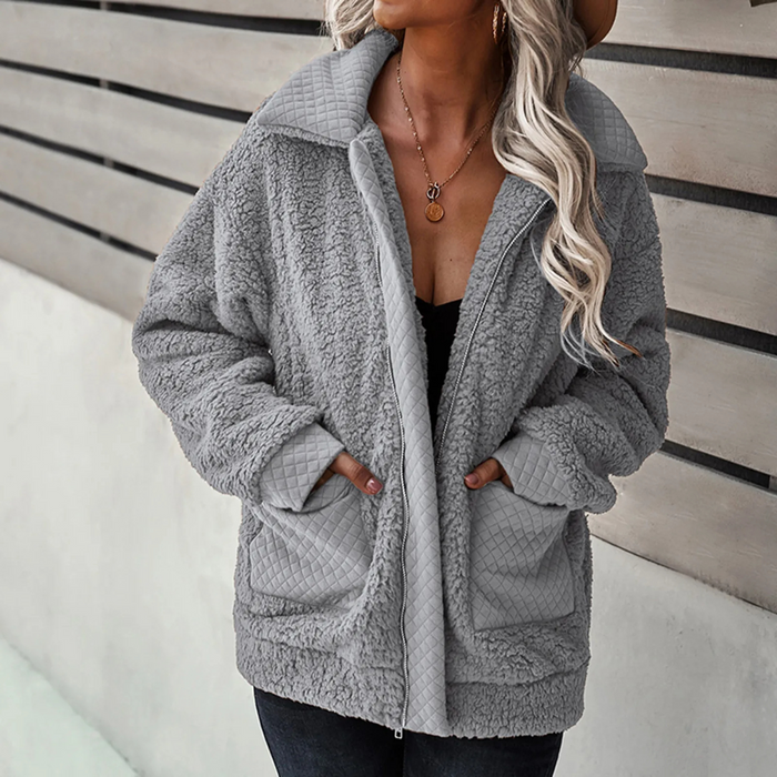 Damen Teddymantel mit Quiltnähten und Reißverschluss