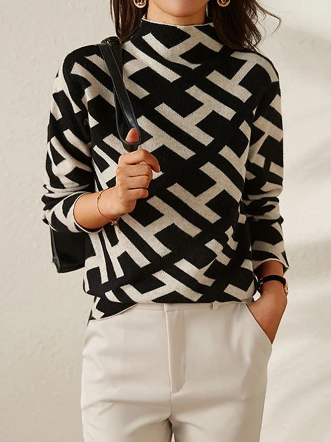Damen Geometrie Pullover mit Rundhalsausschnitt Relaxed Fit