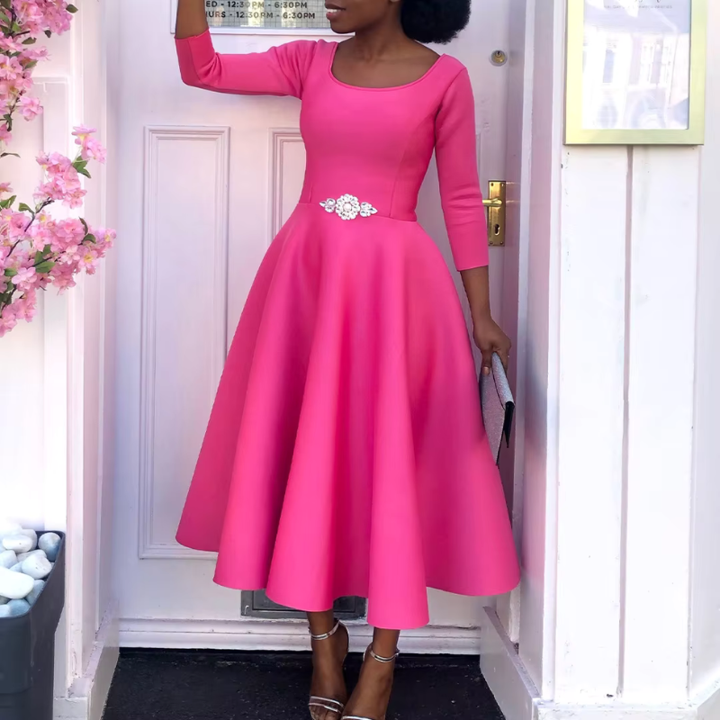 Felicia | Damen Schlichtes Midi-Kleid mit Rundhalsausschnitt