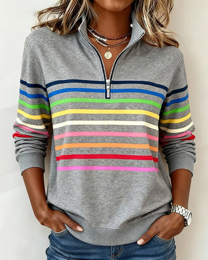 Damen Gestreifter Pullover mit Reißverschlusskragen