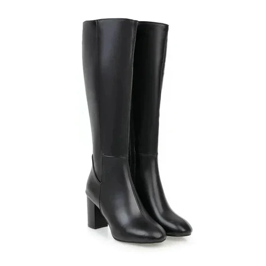 Damen Kniehohe Stiefel mit Blockabsatz und Reißverschluss