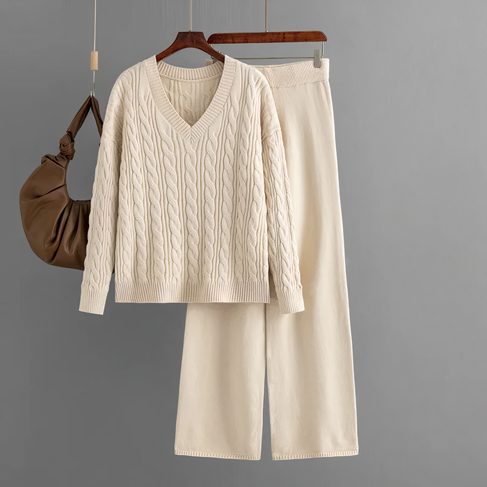 Damen Strickpullover Set V-Ausschnitt mit Weiten Hosen