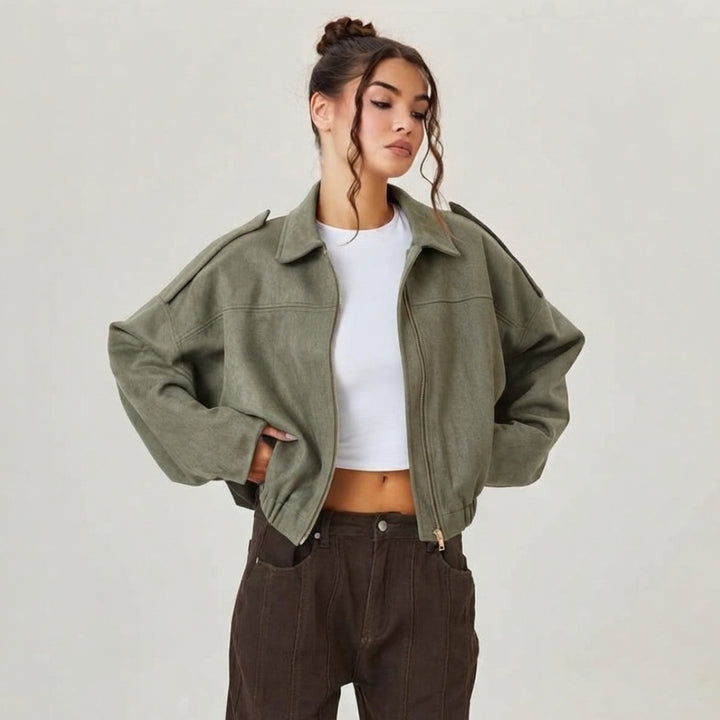 Emilia | Damen Oversized Kurzgeschnittene Kunstwildleder Bomberjacke