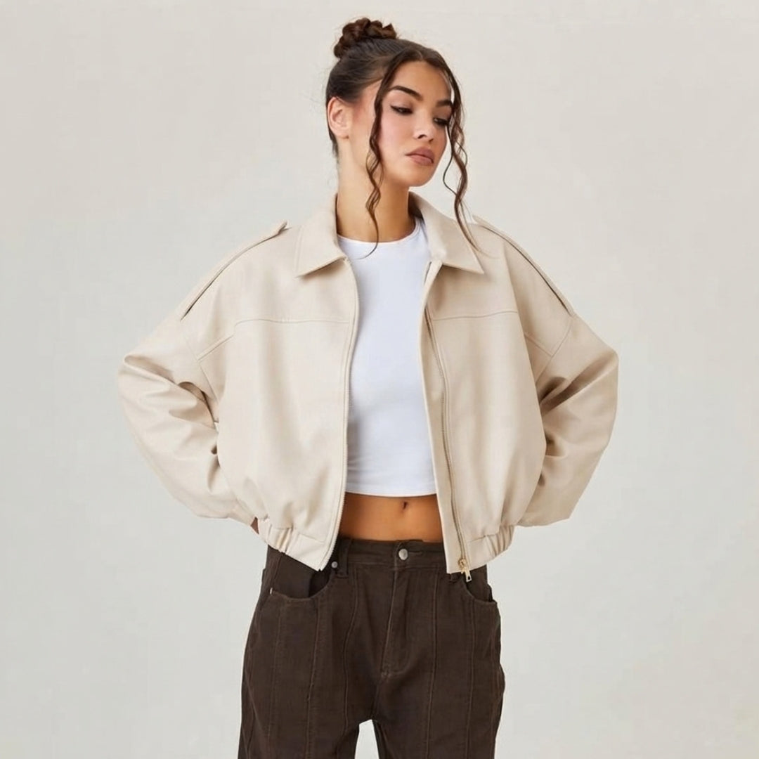 Emilia | Damen Oversized Kurzgeschnittene Kunstwildleder Bomberjacke