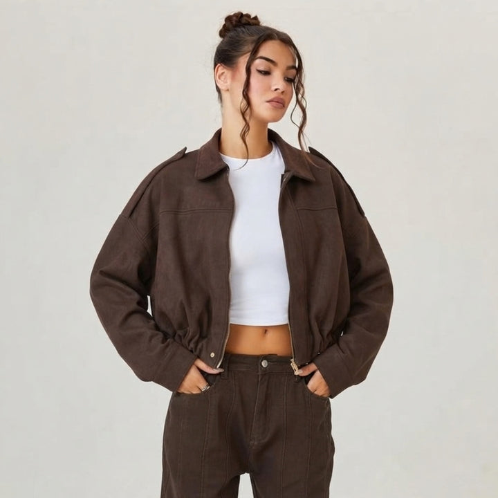 Emilia | Damen Oversized Kurzgeschnittene Kunstwildleder Bomberjacke