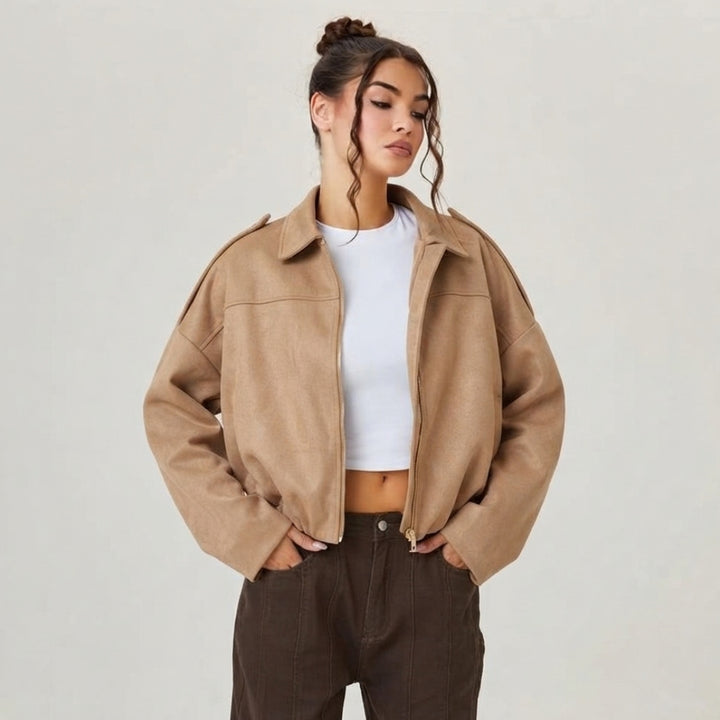 Emilia | Damen Oversized Kurzgeschnittene Kunstwildleder Bomberjacke