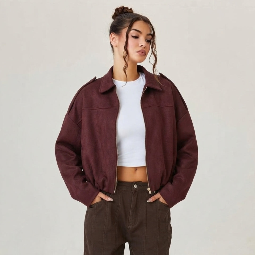 Emilia | Damen Oversized Kurzgeschnittene Kunstwildleder Bomberjacke