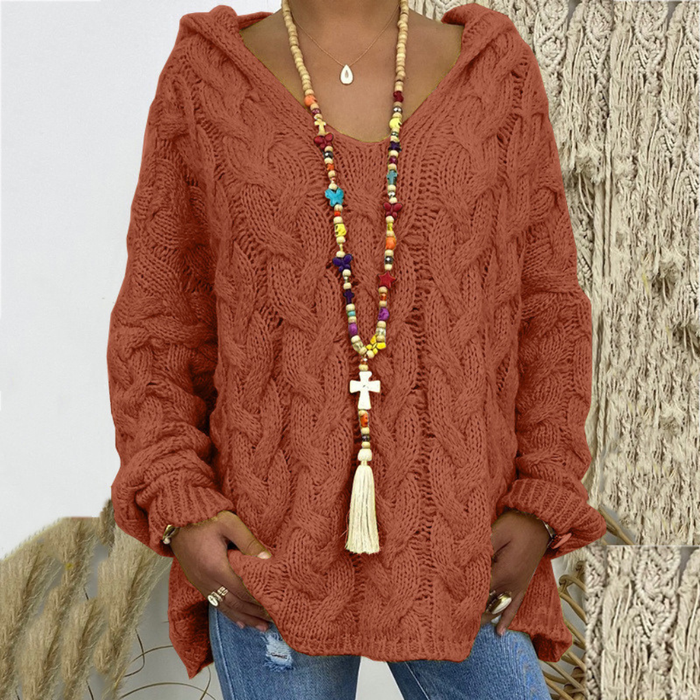 Damen Oversized Zopfmuster-Pullover mit V-Ausschnitt