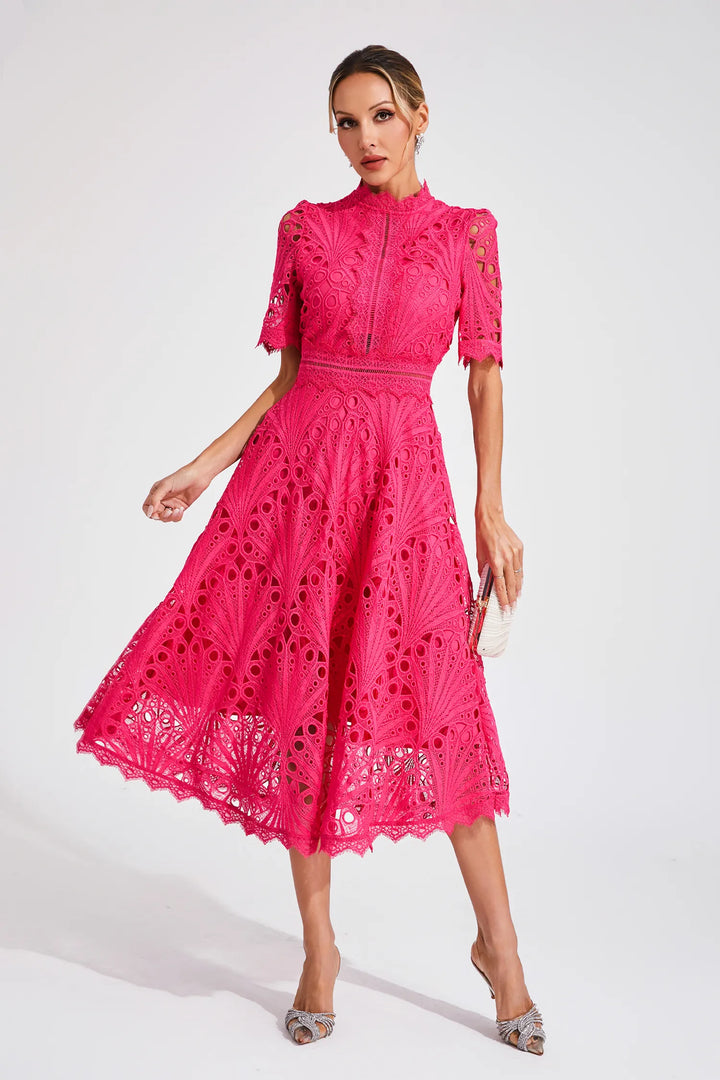 Jasmin | Damen Schickes Spitzen Midi Kleid