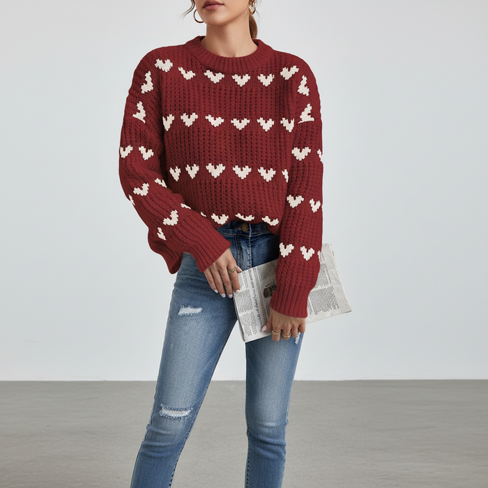 Damen Pullover mit Hochkragen und Herzmuster