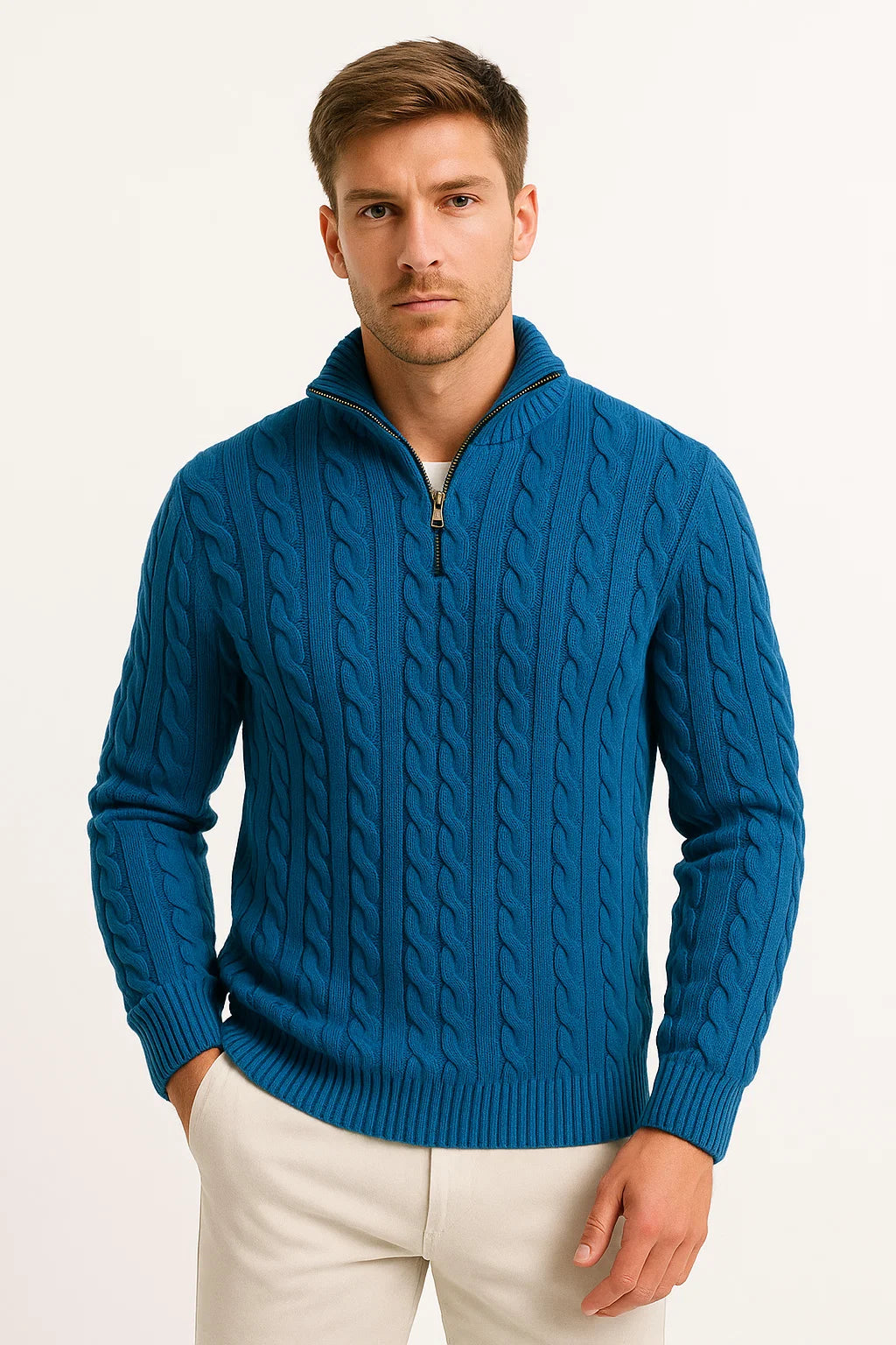 Konrad | Herren Frühlings Strickpullover mit Zopfmuster und Reißverschluss am Kragen