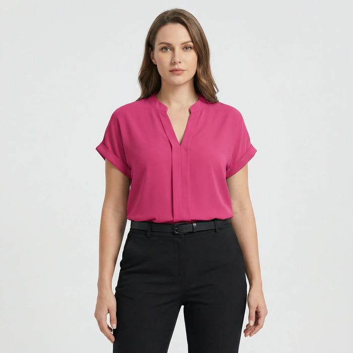 Damen V-Ausschnitt Bluse mit kurzen Ärmeln Büro Look