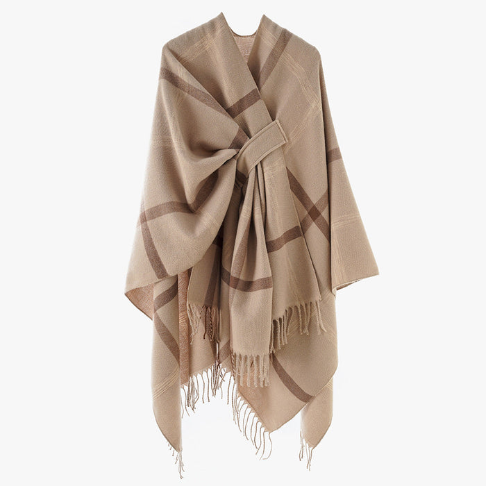 Damen Cape-Poncho mit Bindegürtel und Fransen