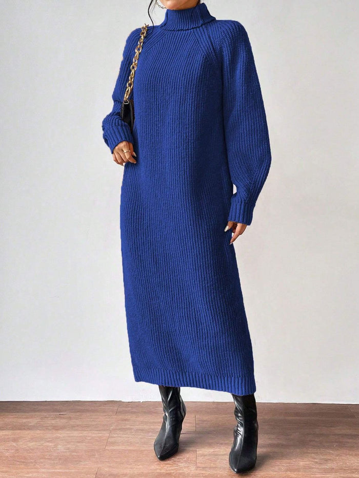 Damen Geripptes Strickkleid mit Stehkragen Langarm
