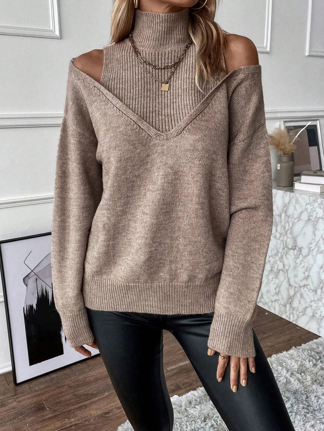 Bettina | Damen Off-Shoulder Rollkragenpullover Aus Strick