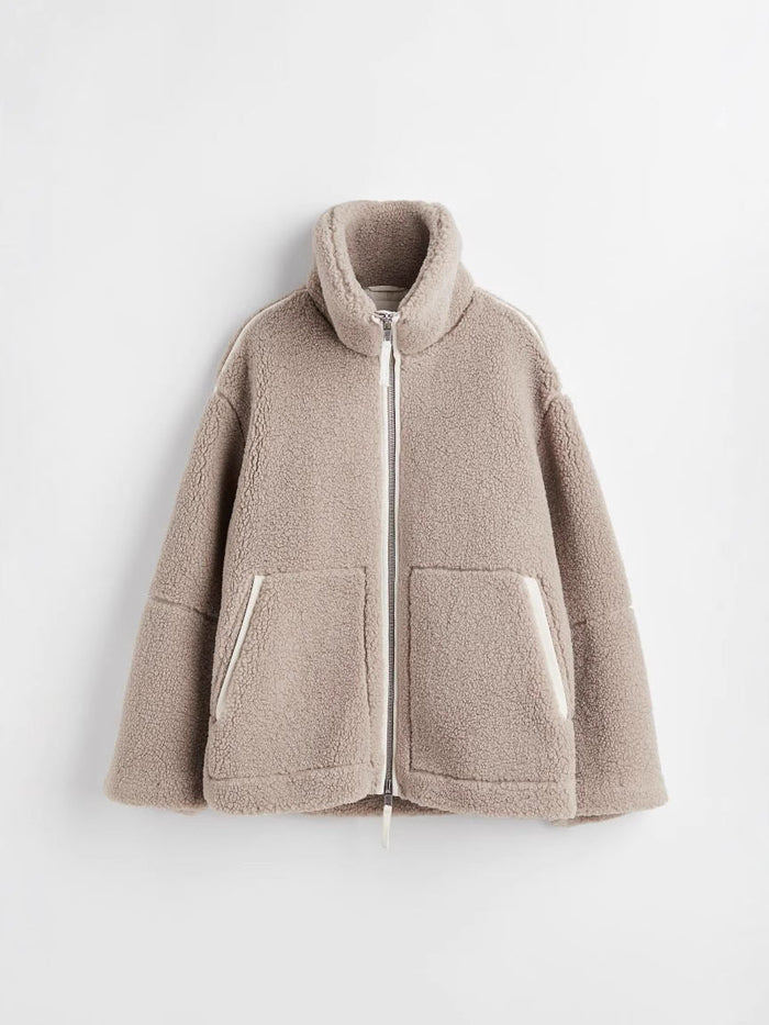 Damen Teddyjacke Oversized mit Reißverschluss Stehkragen