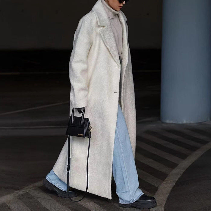Damen Oversized Wollmantel mit Reverskragen und Taschen