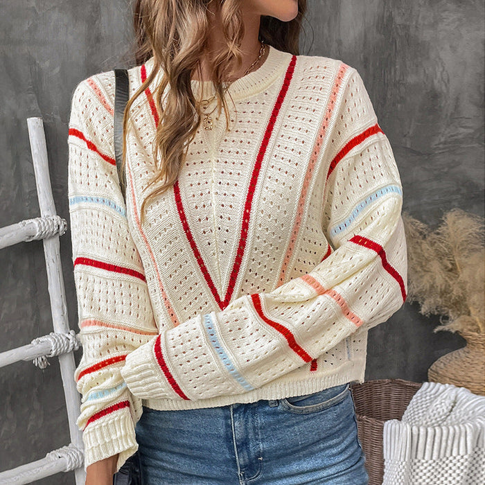 Damen Pullover mit Lochmuster und Streifendetails