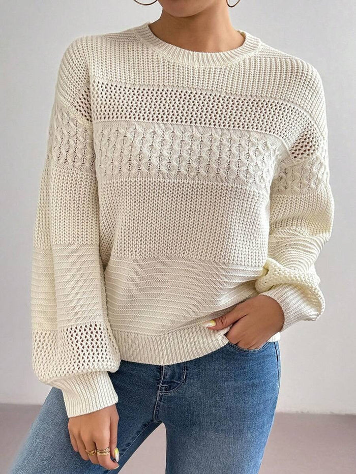 Damen Strickpullover mit Lochmuster und Rundhalsausschnitt