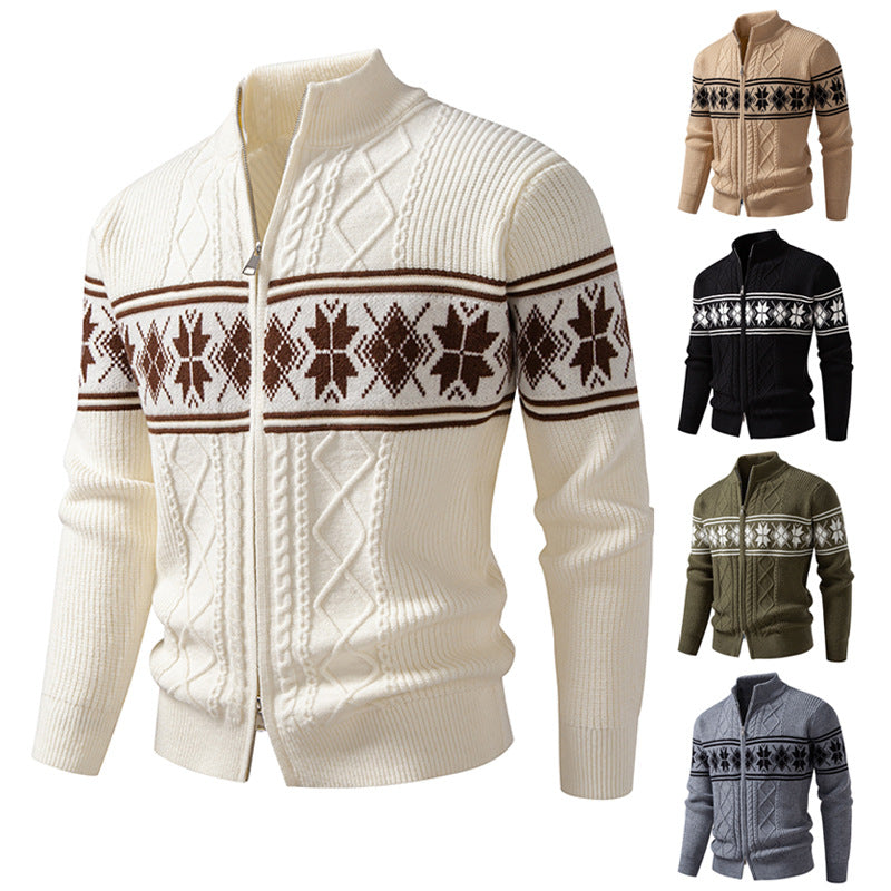 Herren Norweger-Strickjacke mit Stehkragen und Reißverschluss