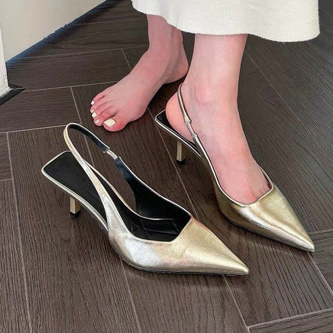 Damen Slingback Pumps Spitze Zehe Metallic