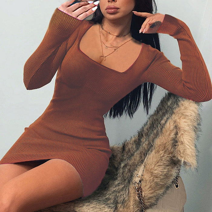 Damen Figurbetontes Langarmkleid mit V-Ausschnitt