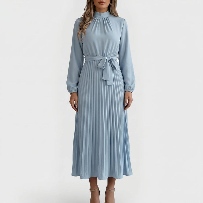 Damen Plissiertes Midikleid mit Stehkragen und Bindegürtel