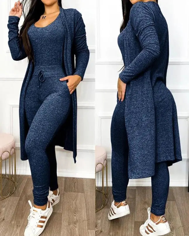 Damen Jumpsuit Set mit Langem Cardigan und U-Ausschnitt