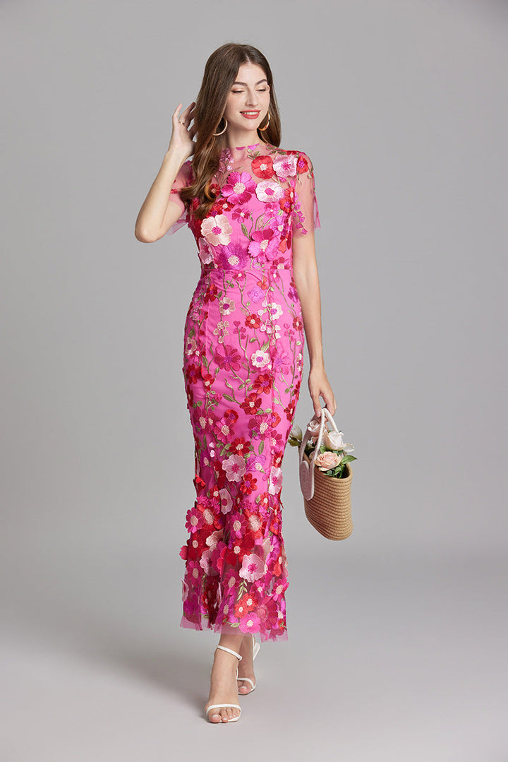 Verena | Damen Transparentes Maxikleid mit Blumenstickerei