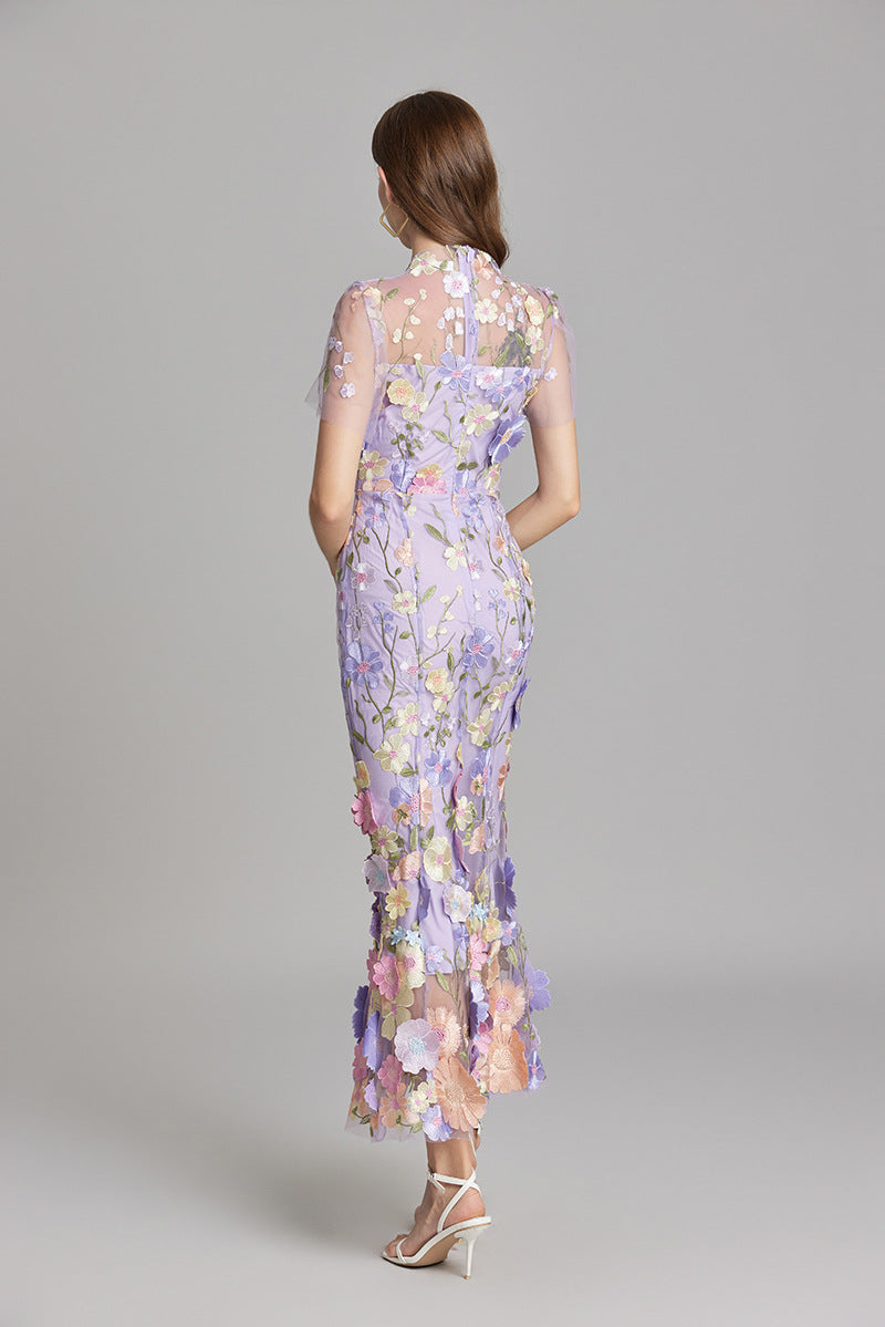 Verena | Damen Transparentes Maxikleid mit Blumenstickerei