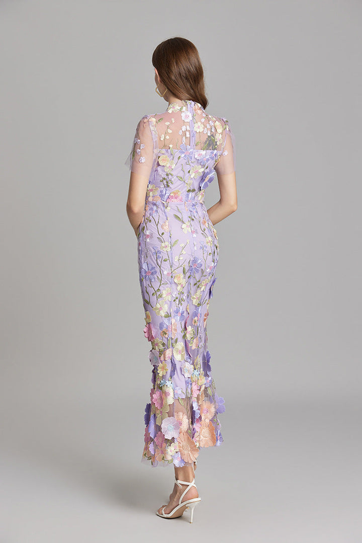 Verena | Damen Transparentes Maxikleid mit Blumenstickerei