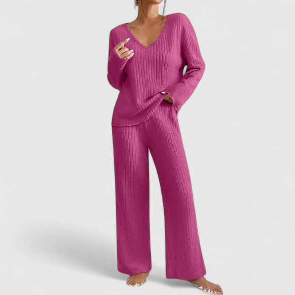Sabina | Damen Lounge-Set mit Rippstrick und weiter Hose