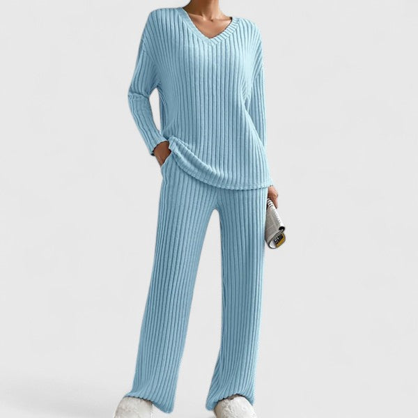 Sabina | Damen Lounge-Set mit Rippstrick und weiter Hose
