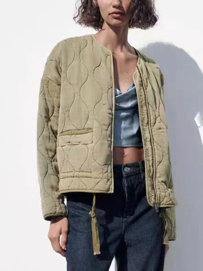 Damen Oversized Steppjacke mit Rundhalskragen und Reißverschluss