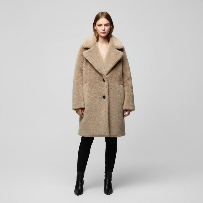 Damen Teddymantel mit Oversized-Kragen und Button-Front