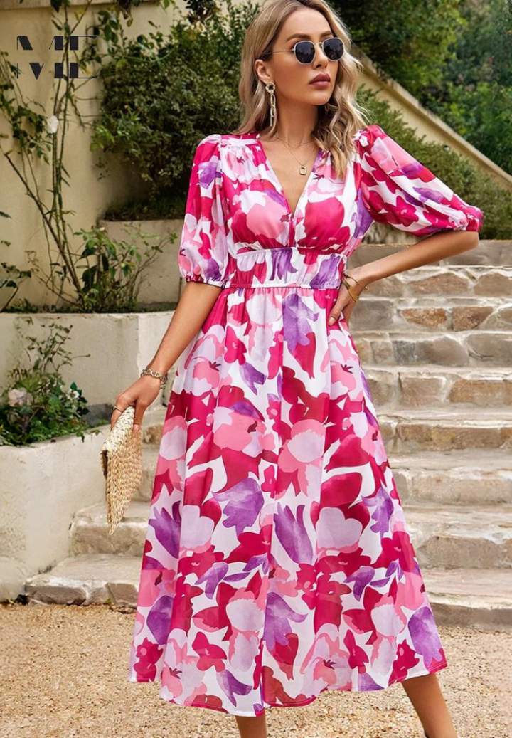 Doris | Damen Abstrakt Print Wickel Midi Kleid