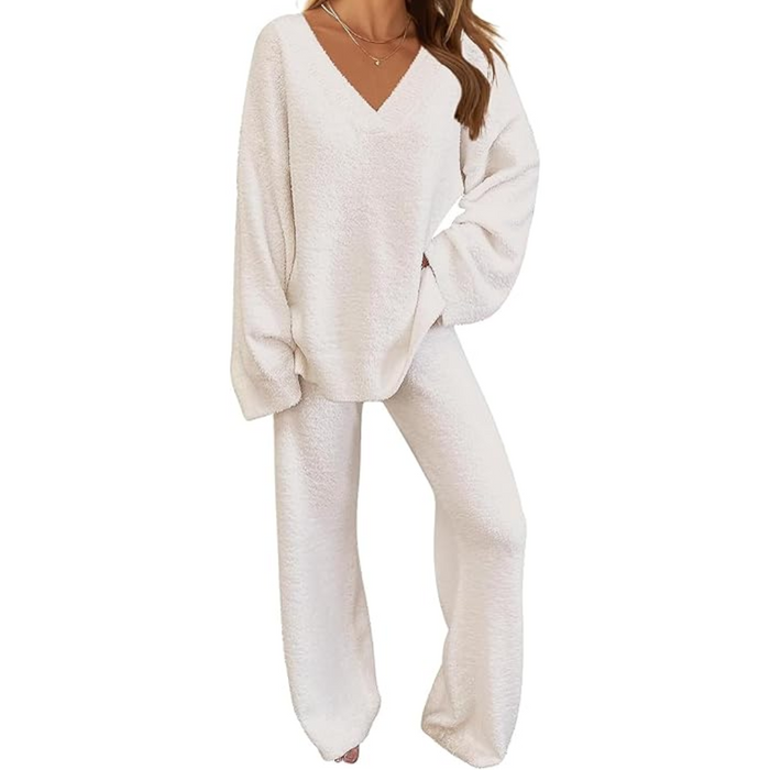Damen Loungewear Set V-Ausschnitt Langarm mit Weiter Hose