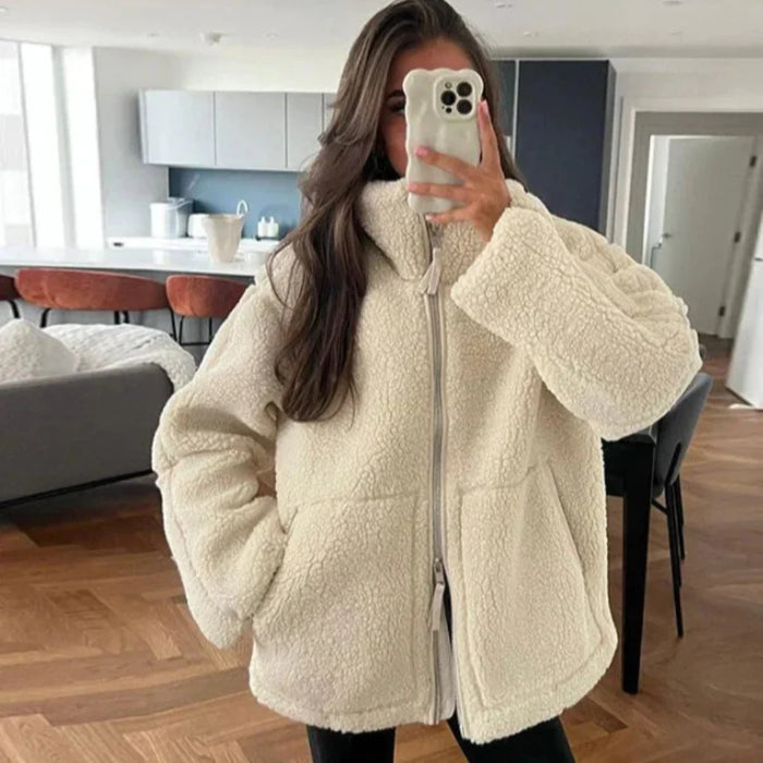 Damen Teddyjacke mit Stehkragen und Durchgehendem Reißverschluss