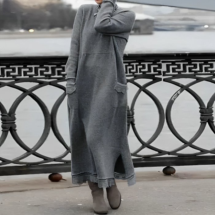 Damen Langes Strickkleid mit Kapuze Lange Ärmel