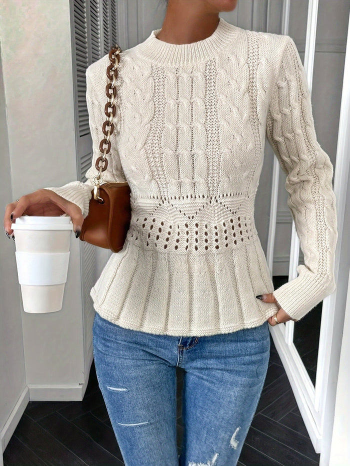 Damen Cable-Knit Pullover Rundhalsausschnitt Peplum