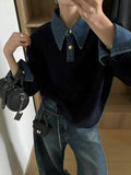 Amelie | Damen 2-in-1 Strick-Sweater mit Denim-Kragen und Metallknöpfen